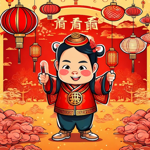 Foto un personaje lindo diseña trajes y cultura china para conmemorar el año nuevo chino