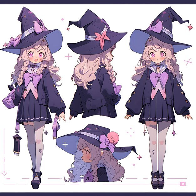 Personaje de Magical Kawaii Kid Girl con un uniforme escolar temático de bruja Diseño de hoja de diseño conceptual