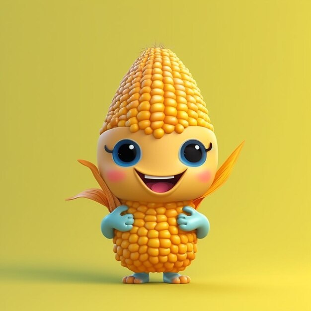 Foto un personaje de maíz amarillo con ojos azules y nariz azul.