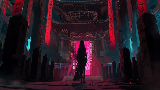 Personaje de manga de anime en un horror de pasillo ambiental chica roja oscura LOFI