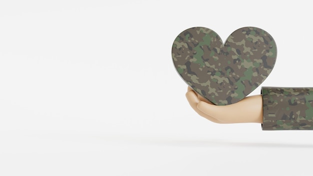 Personaje de mano de dibujos animados de soldado con corazón. y fondo blanco. representación 3d