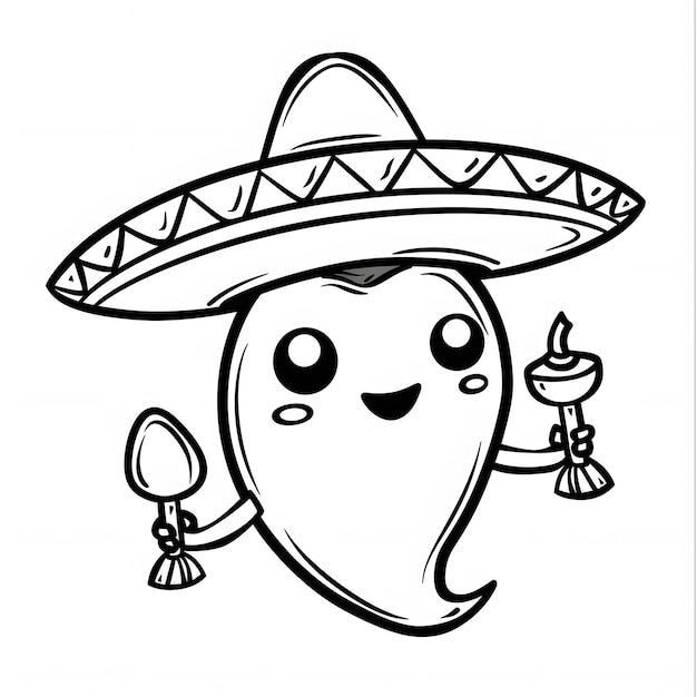 Foto personaje de mascota de dibujos animados en blanco y negro con sombrero y rattle