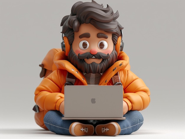 Un personaje masculino en 3D con una computadora portátil