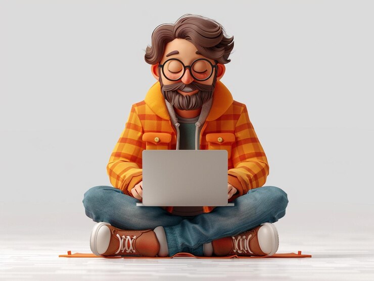 Un personaje masculino en 3D con una computadora portátil