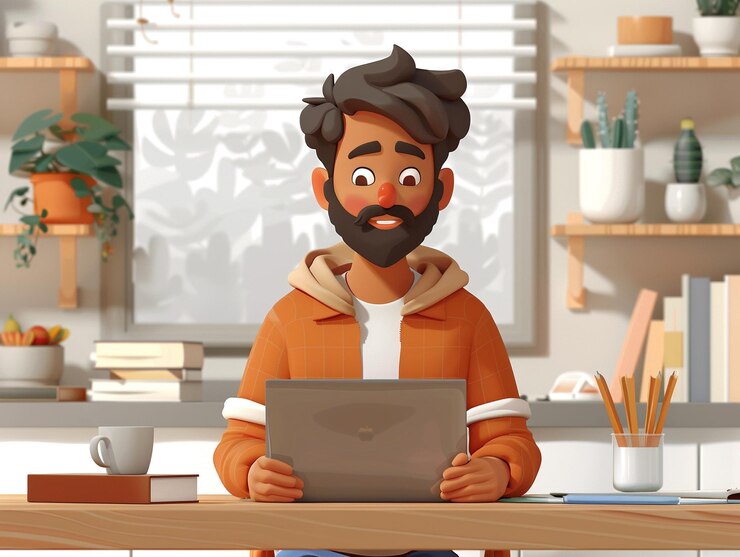 Un personaje masculino en 3D con una computadora portátil