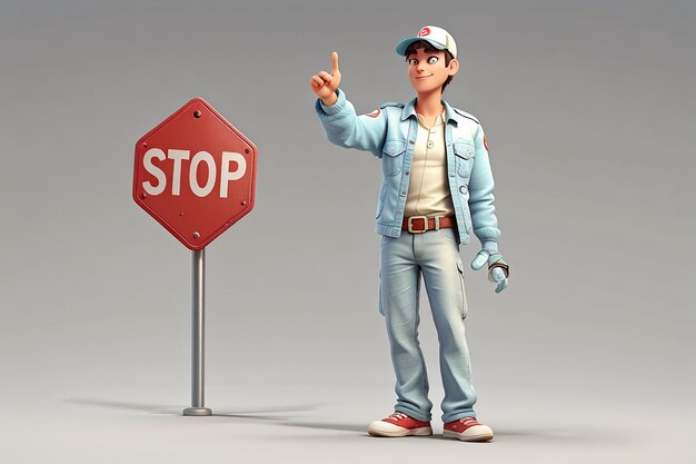 Personaje masculino 3D haciendo la señal de stop.