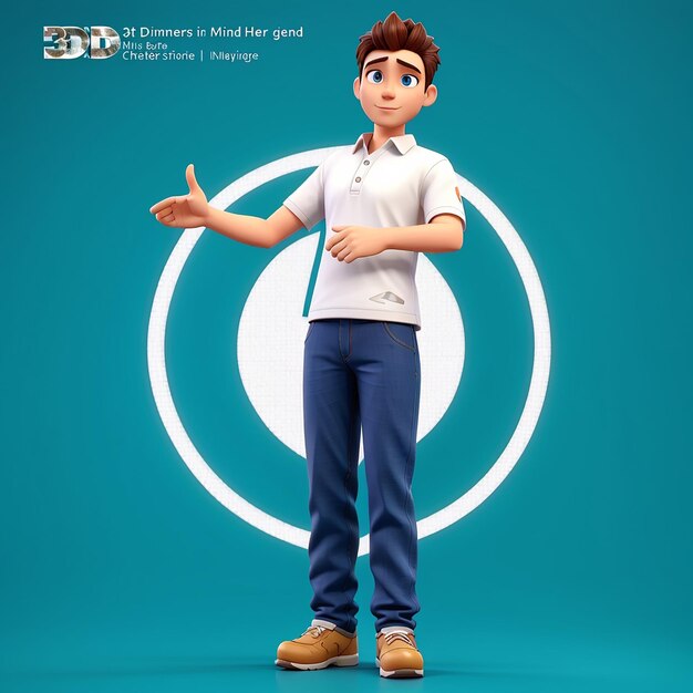 Personaje masculino en 3D señalando a su lado