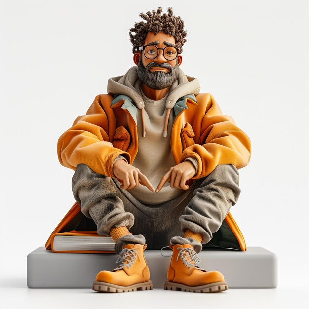 El personaje masculino 3d tiene una idea mientras se sienta en un sofá y trabaja en una computadora portátil