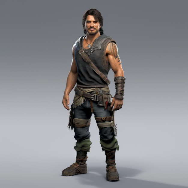 Personaje masculino listo para la aventura con una sonrisa fácil y estilo Tomb Raider