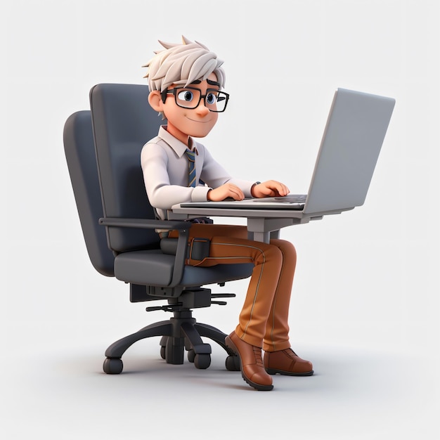 Personaje masculino trabajando en una computadora portátil mientras está sentado en una silla 3D Render