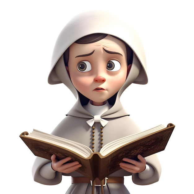 Personaje medieval de dibujos animados leyendo un libro 3d ilustrado digitalmente