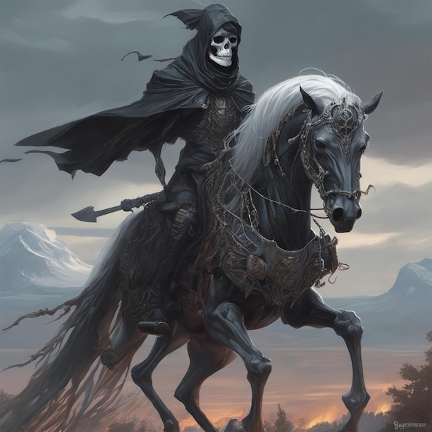 El personaje del mensajero de la muerte como un espantoso esqueleto vestido con una ornamentada armadura negra montando una magia