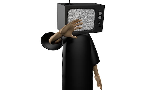 Personaje modelo 3d con un televisor en lugar de una cabeza.