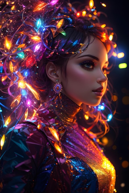 personaje de mujer eléctrico brillante y colorido con iluminación vibrante creado con IA generativa