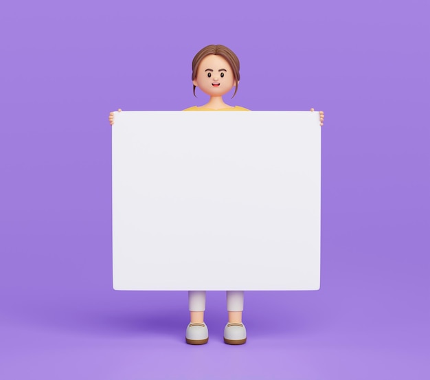 Personaje de mujer de negocios con cartelera de cartel vacío o dibujos animados de cartel en blanco sobre fondo púrpura Representación de ilustración 3d