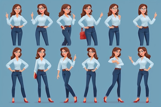 Personaje de mujer de negocios casual en diferentes poses en vaqueros ilustración vectorial aislada