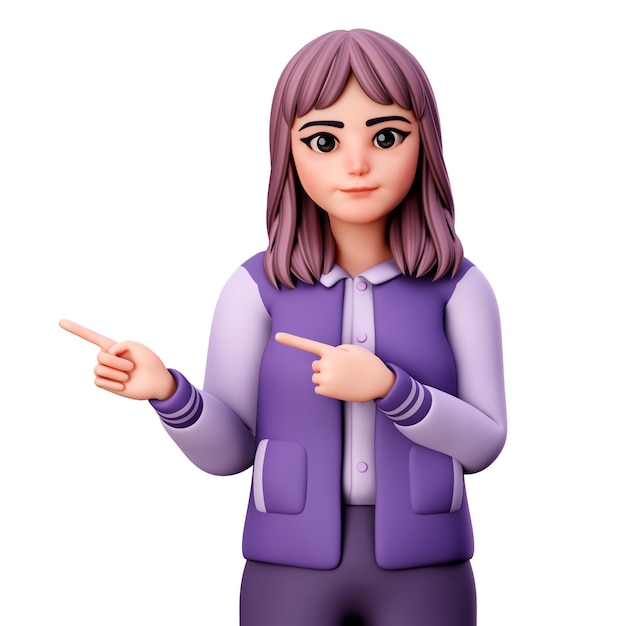 Foto personaje de mujer con ropa morada apuntando al lado izquierdo usando ambas manos 3d render ilustración