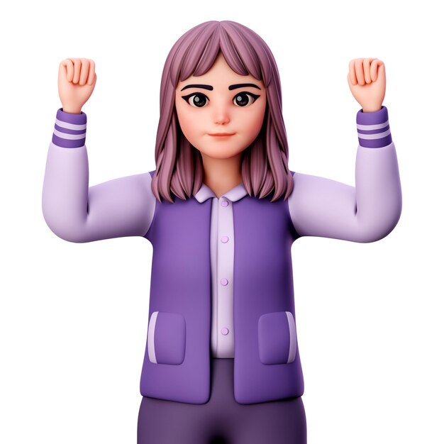 Foto personaje de mujer con ropa morada mostrando gesto de hurra levanta ambas manos 3d render