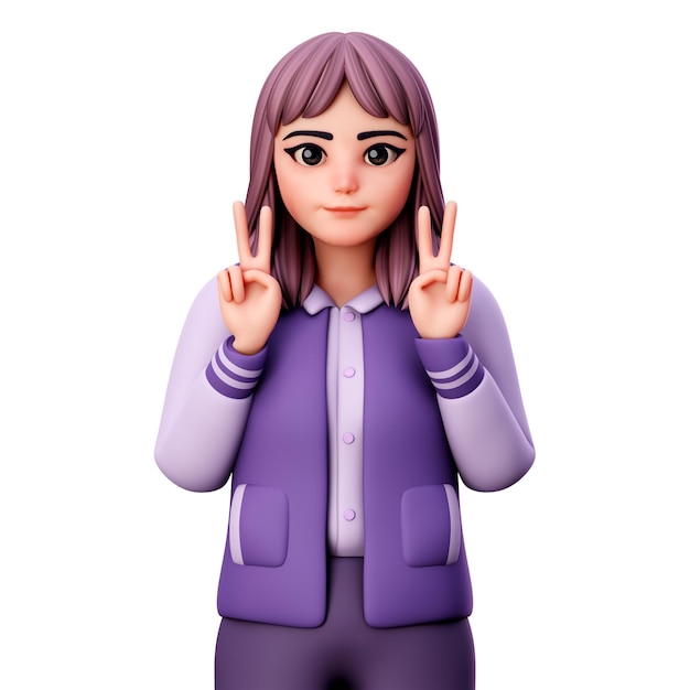 Personaje de mujer con ropa morada mostrando gesto de paz usando ambas manos 3D Render Illustration