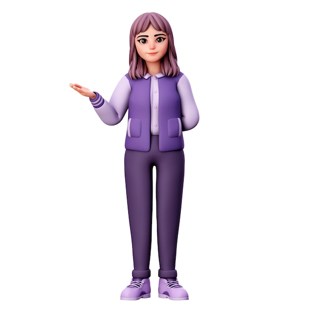 Foto personaje de mujer con ropa morada que presenta al lado izquierdo usando ambas manos 3d render illustration