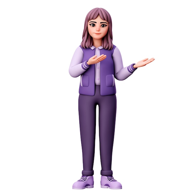 Personaje de mujer con ropa morada que presenta en el lado derecho usando ambas manos 3D Render