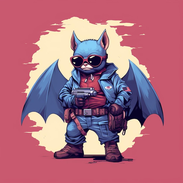 Personaje de murciélago colorido con gafas y pantalones azules sosteniendo un arma