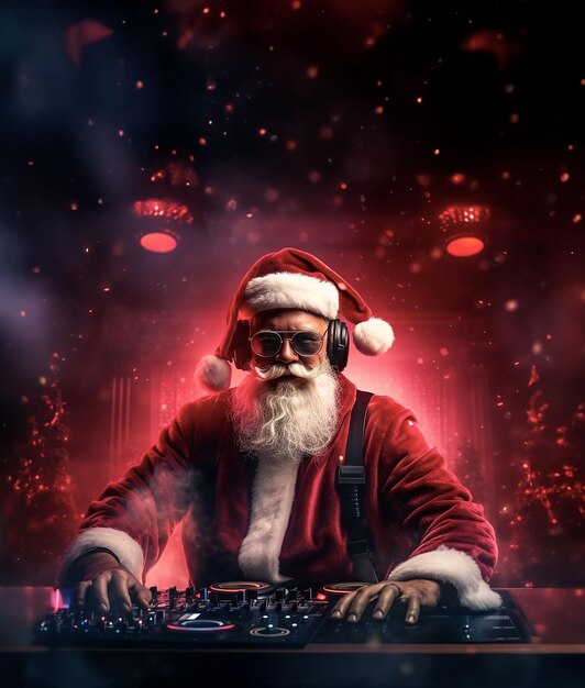 Foto personaje navideño de papá noel tocando evento musical de dj en el pub