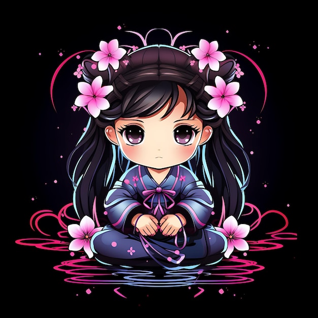 Personaje de neón de chica Kawaii Chibi con bollos gemelos trenzados Conjunto de pegatinas de imágenes prediseñadas de kimono tradicional