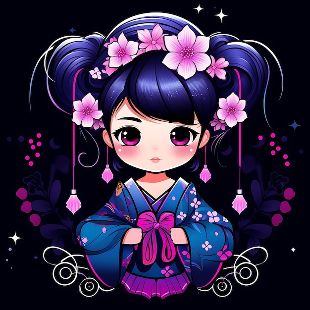 Personaje de neón de chica Kawaii Chibi con bollos gemelos trenzados Conjunto de pegatinas de imágenes prediseñadas de kimono tradicional