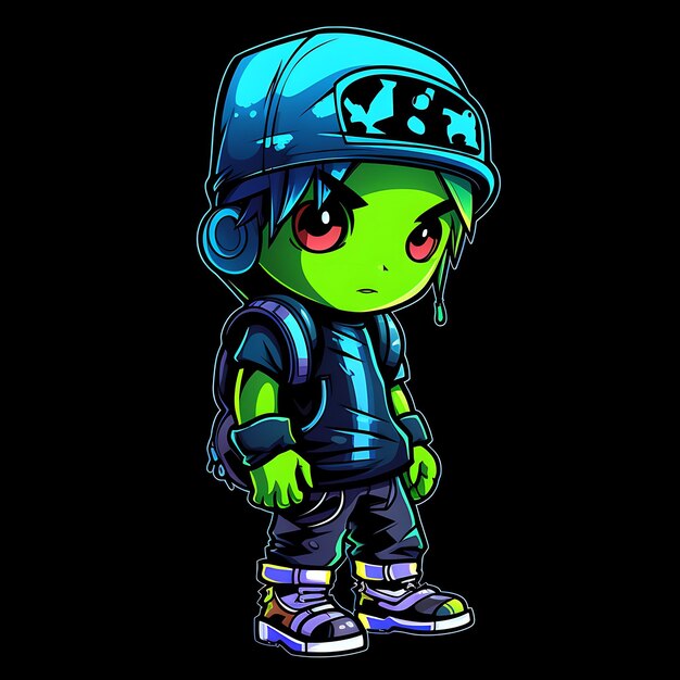 Personaje de neón de Cool Chibi Boy con peinado bajo y Beanie Skateboard Clipart Sticker Set