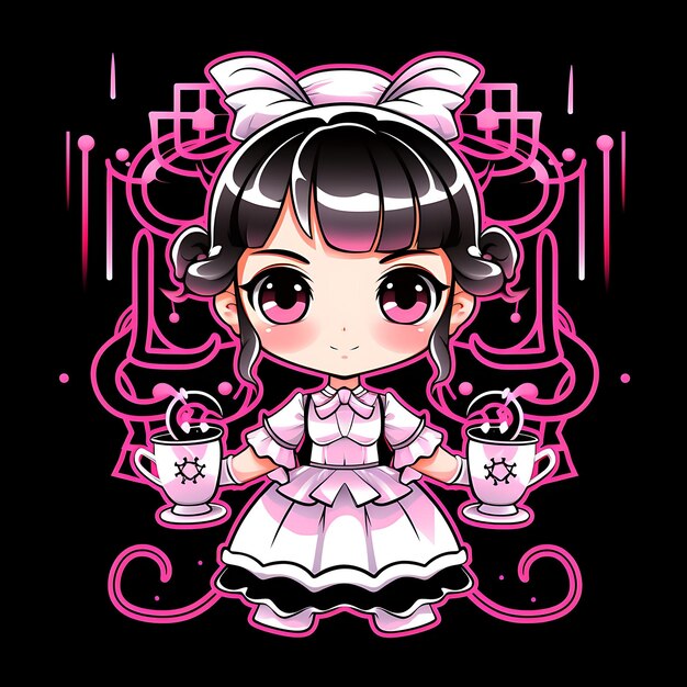 Personaje de neón de la dulce niña Chibi con trenzas gemelas Traje de sirvienta Delantal de encaje Conjunto de pegatinas Neo Clipart