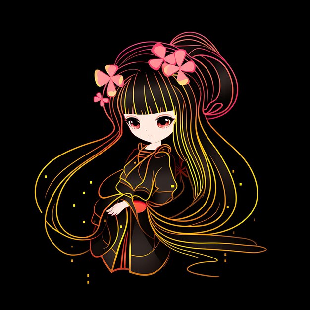 Personaje de neón de una elegante chica Chibi con cabello largo y suelto, conjunto de pegatinas de imágenes prediseñadas de kimono tradicional