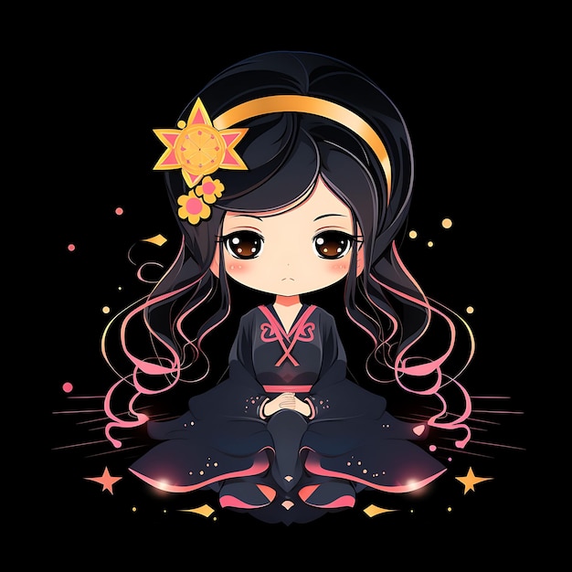 Personaje de neón de una elegante chica Chibi con cabello largo y suelto, conjunto de pegatinas de imágenes prediseñadas de kimono tradicional