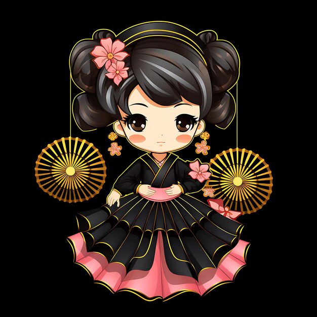 Personaje de neón de una elegante chica Chibi con un recogido trenzado, conjunto de pegatinas de imágenes prediseñadas de Dre chino tradicional