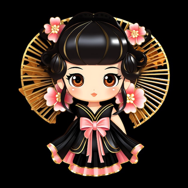 Personaje de neón de una elegante chica Chibi con un recogido trenzado, conjunto de pegatinas de imágenes prediseñadas de Dre chino tradicional