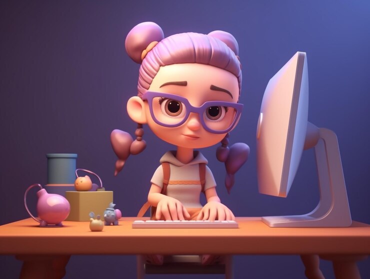 Foto personaje de niña 3d trabajando con computadoras