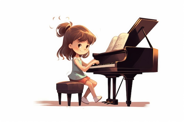 Personaje de niña sentada frente a un piano y tocando una melodía sobre fondo blanco generada por IA