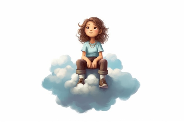 Personaje de niña sentada en una nube sobre fondo blanco generada por IA