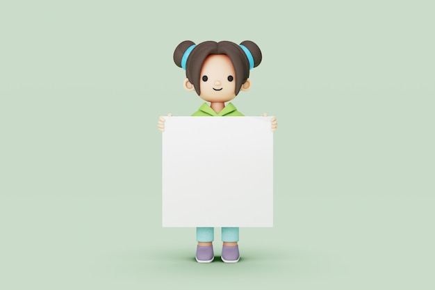 personaje de niña sosteniendo pizarra blanca 3d render, ilustración 3d