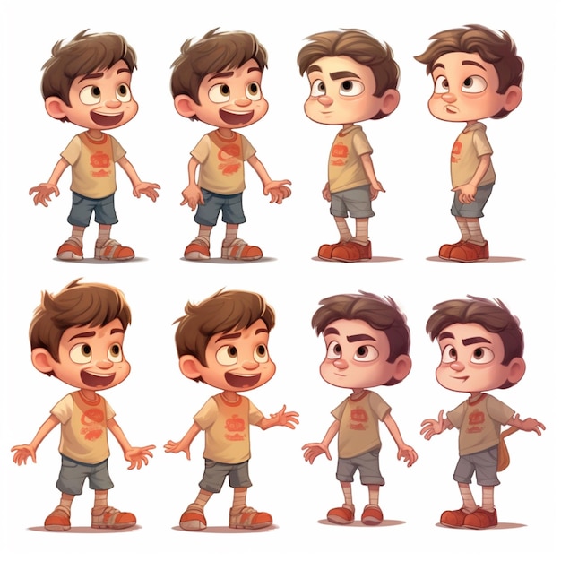 personaje de niño de dibujos animados posa con diferentes expresiones y expresiones generativas ai