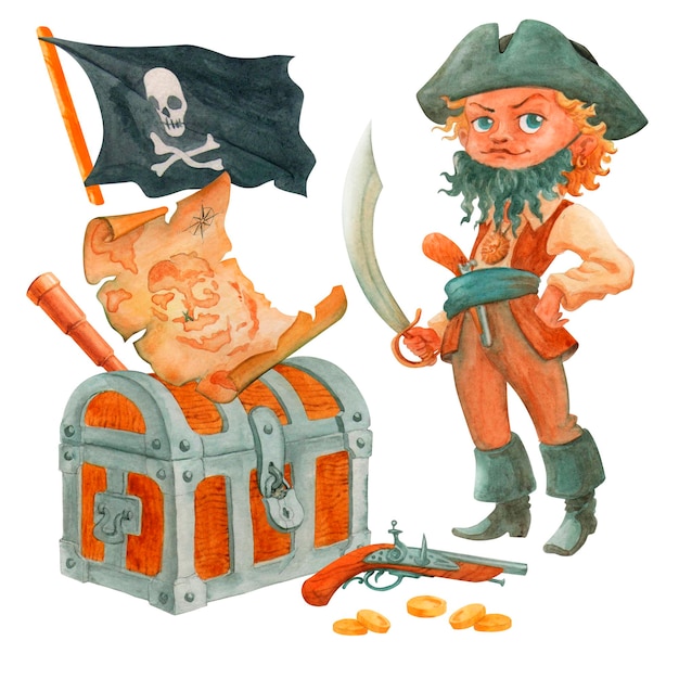 Personaje de niño pirata con espejismo en el pecho viejo mapa del tesoro arma pocas monedas composición aislada