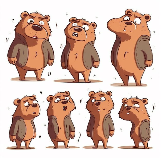 Personaje de oso de dibujos animados posa con diferentes expresiones generativas ai