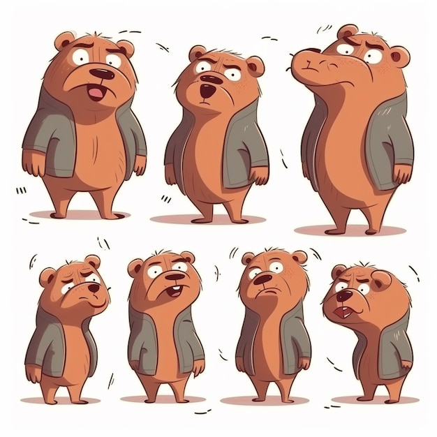 Personaje de oso de dibujos animados posa con diferentes expresiones generativas ai