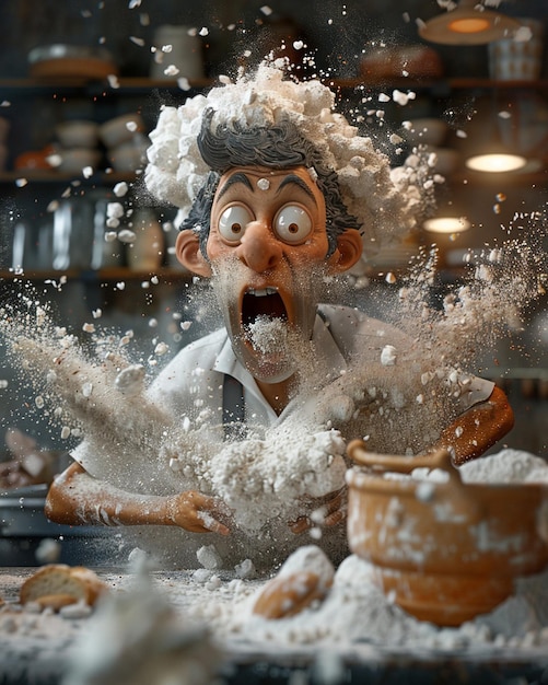 Foto un personaje de panadero estilizado en 3d sorprendido por una broma de bolsa de harina que explota