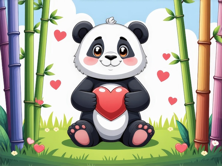 Foto un personaje de panda lindo sosteniendo un corazón con bambú y corazones en el fondo en un día soleado
