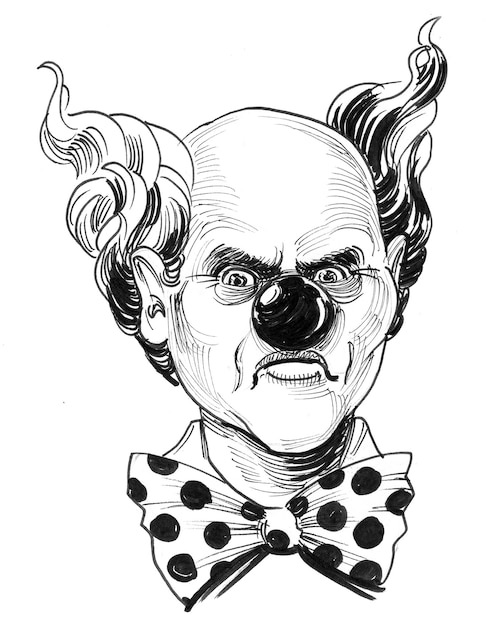 Personaje de payaso de aspecto loco. Dibujo a tinta en blanco y negro