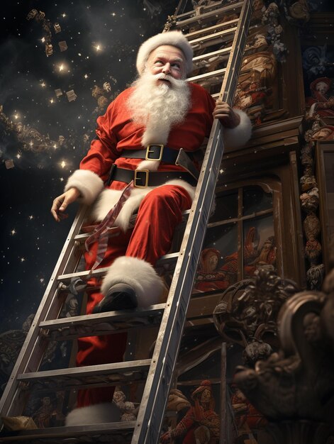 Foto personaje de película en una escalera con un árbol de navidad al fondo