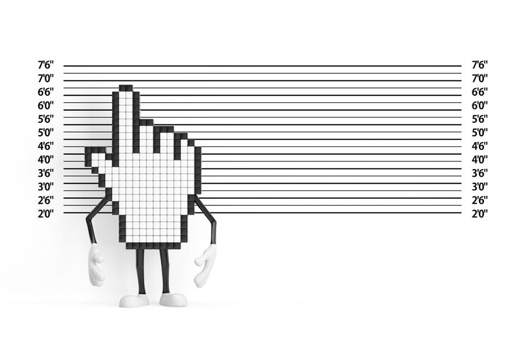 Foto personaje de la persona de la mascota del cursor de la mano del píxel frente a la alineación de la policía o al fondo de mugshot representación 3d