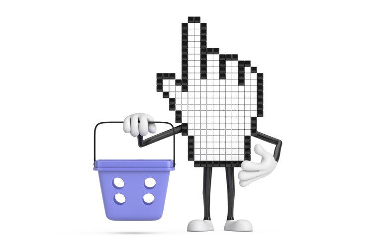 Foto personaje de la persona de la mascota del cursor de la mano del pixel con la representación 3d de la cesta de compras de la historieta