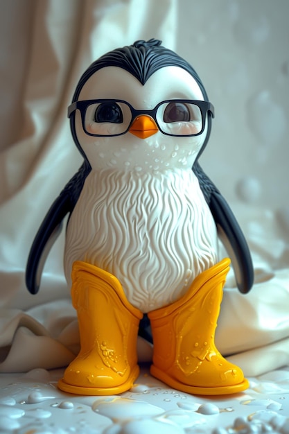 Un personaje de pingüino animado con botas amarillas ilustración 3D